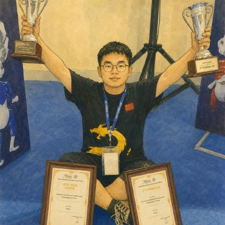 Portrait of Pengyu Jing holding robotics competition trophies